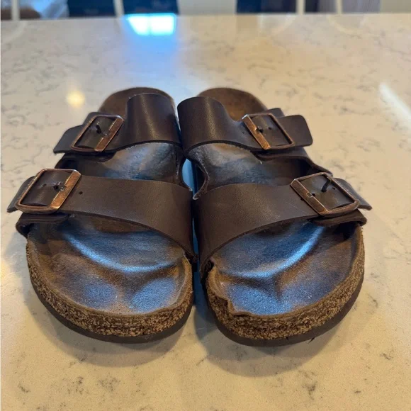 Birkenstock Arizona Brown Dual-Buckle Leather Slide Sandals - Picture 7 of 7
